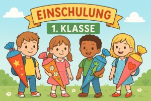 Kinder im Comicstil mit Schultüten ind er Hand