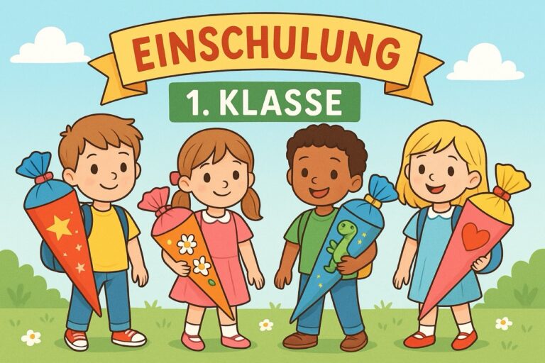 Kinder im Comicstil mit Schultüten ind er Hand